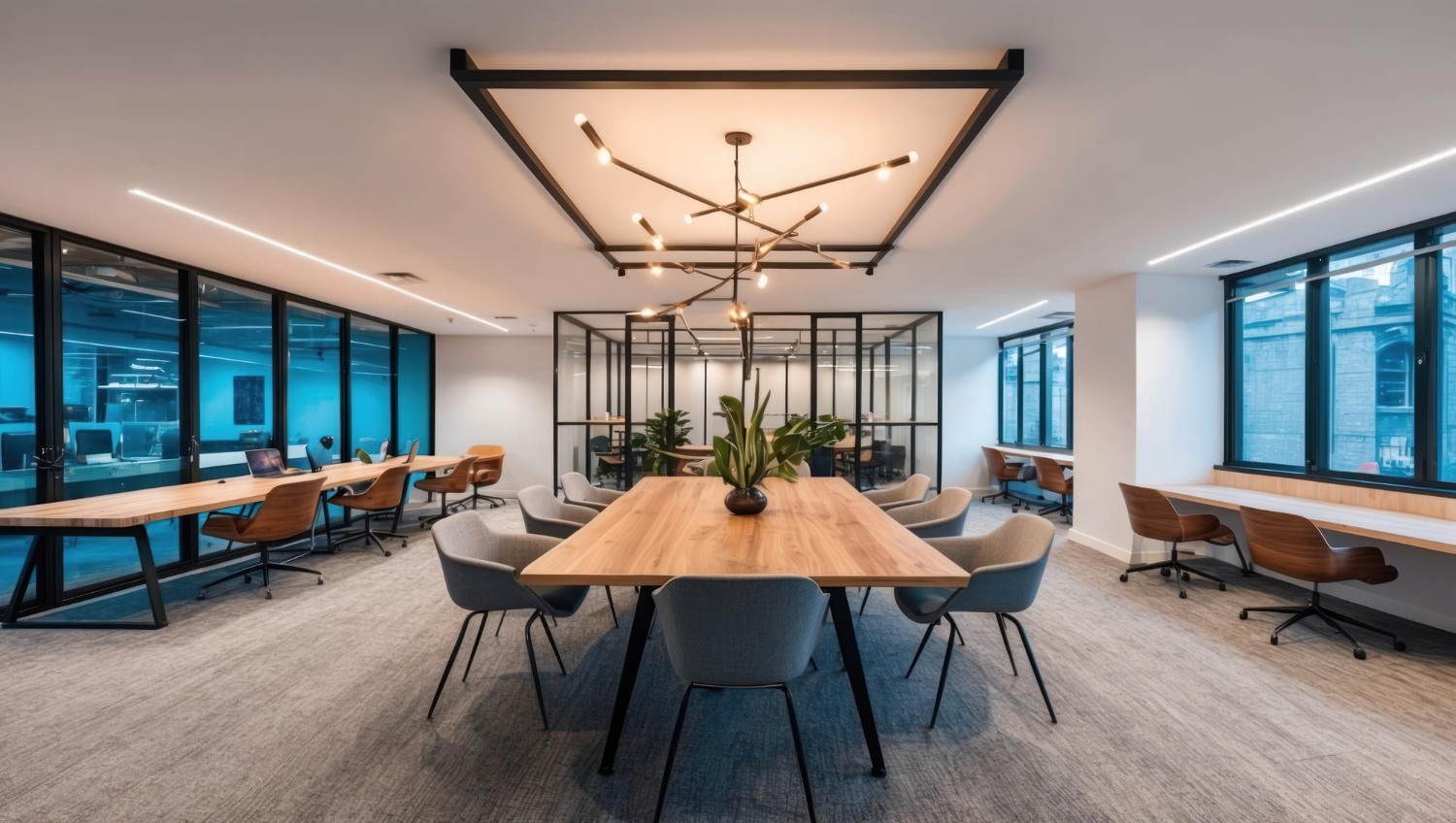 Contemporary office lounge with a large central wooden table, surrounding upholstered chairs, and a potted plant centerpiece.