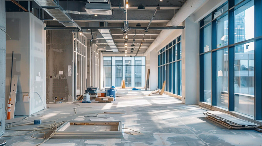 Open office space under renovation with exposed ceiling, scattered materials, and blue-framed windows bringing in daylight