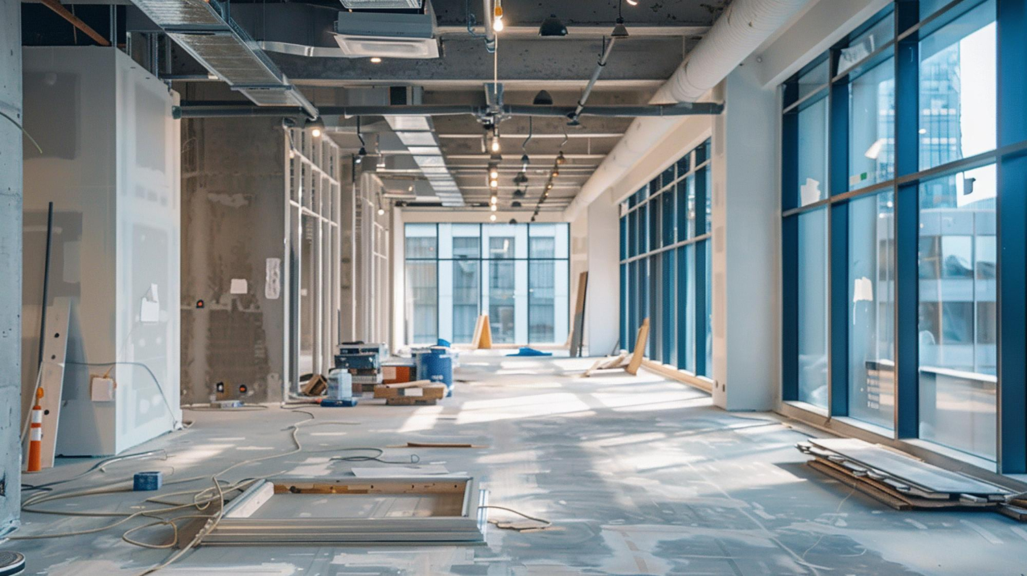 Open office space under renovation with exposed ceiling, scattered materials, and blue-framed windows bringing in daylight