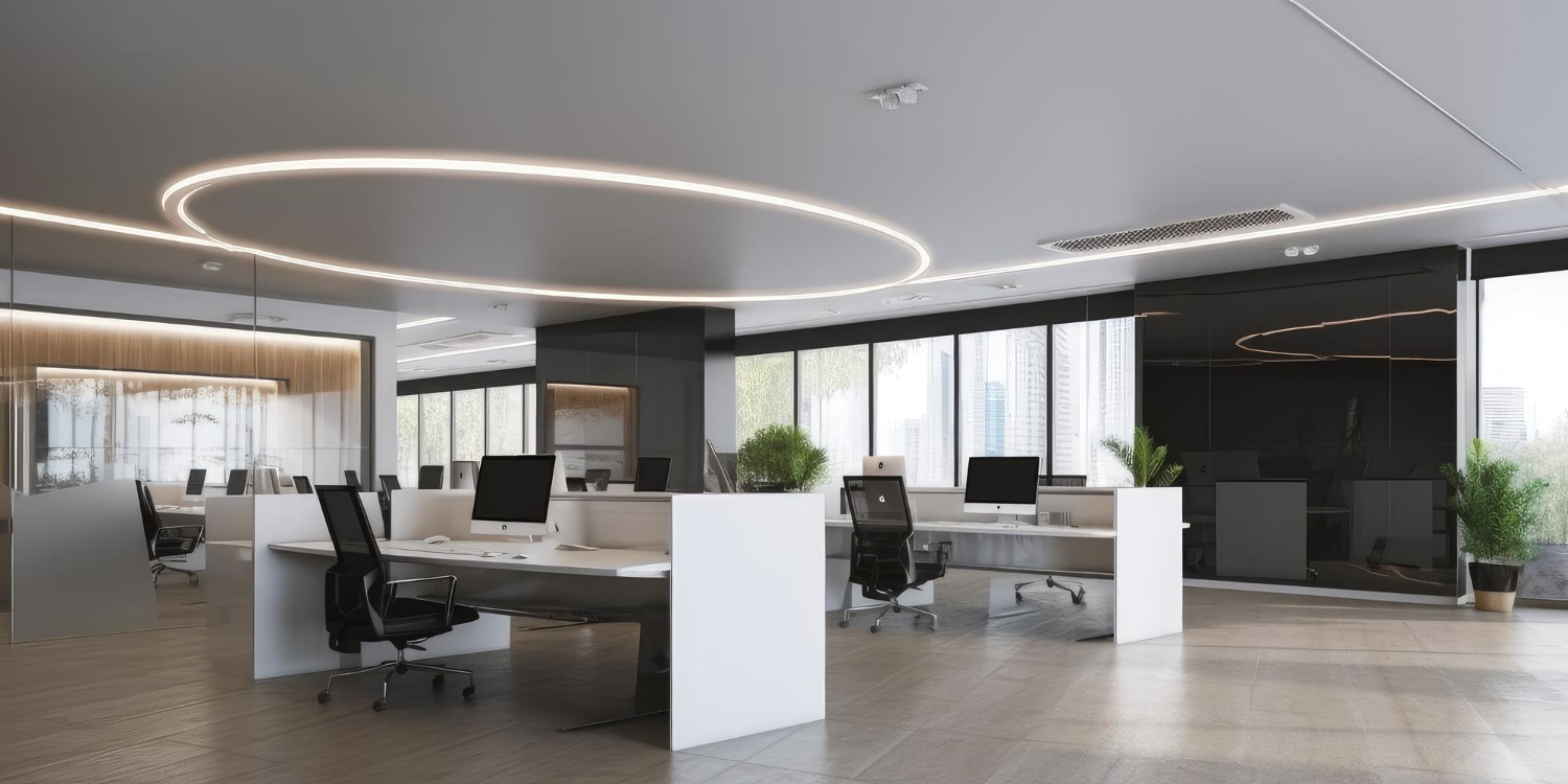 Open-plan modern office with white desks, black chairs, circular LED ceiling light, and large windows with a city view, several plants visible around.