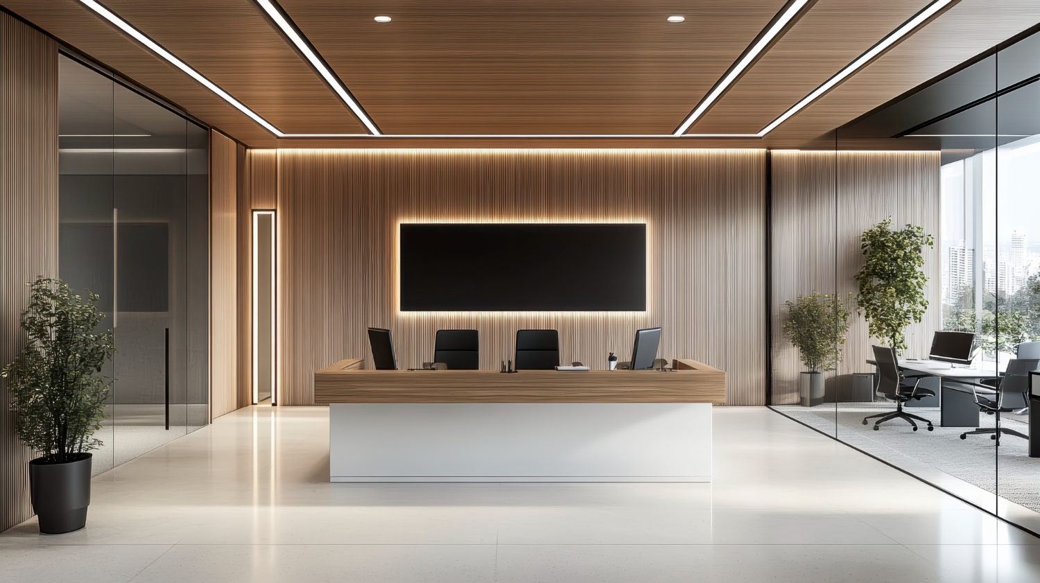 Modern office reception with a long wooden desk, three chairs, backlit wall screen, glass partitions, and potted plants.