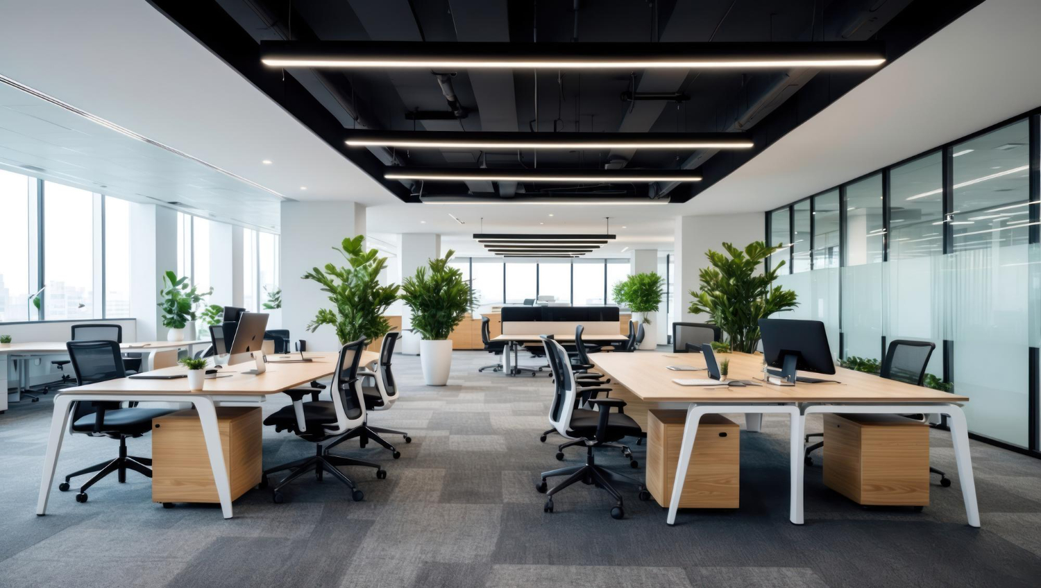 Open-plan office with long communal desks, ergonomic chairs, laptops, and large potted plants, plus glass walls and modern ceiling lights.