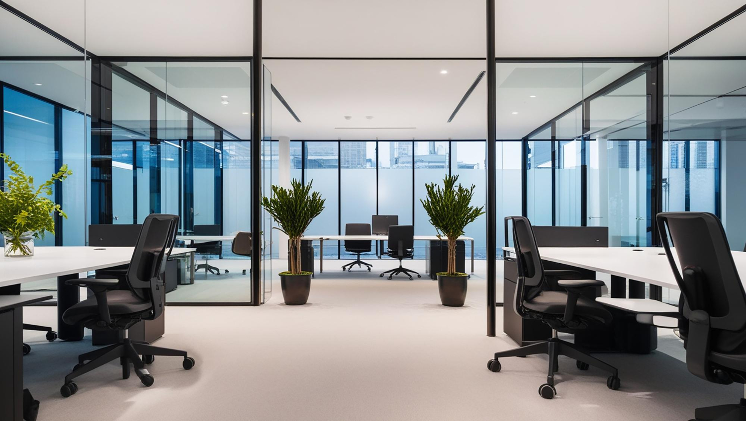 Open-plan office with white desks, black ergonomic chairs, glass walls, and potted plants; city skyline visible through windows.